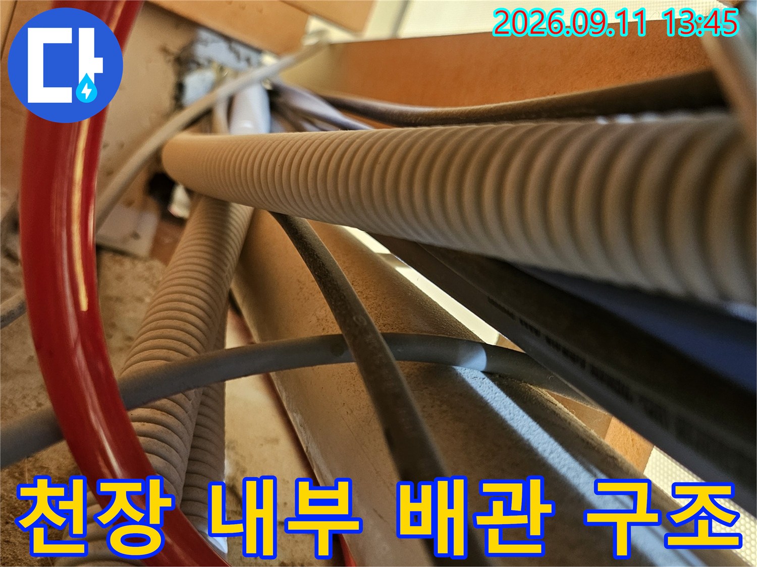복잡하게 얽힌 주름관과 빨간색 호스 등 천장 내부 배관 모습