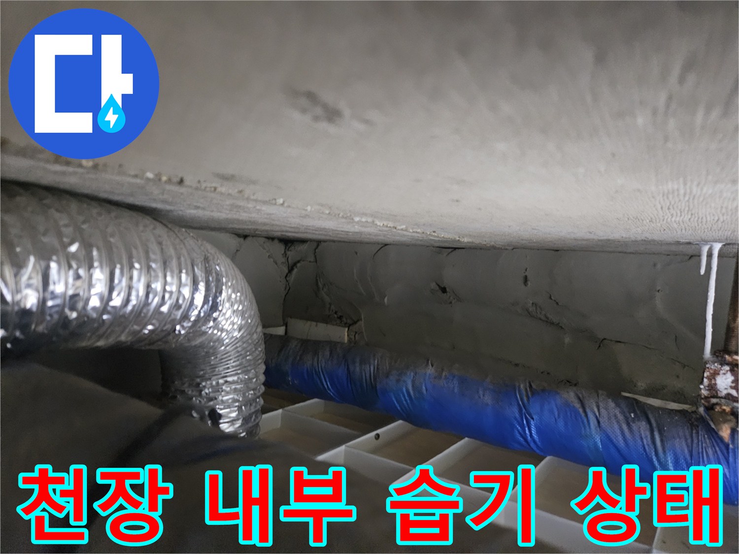 일산 장항동-천장 배관 주변의 젖은 콘크리트와 보온재