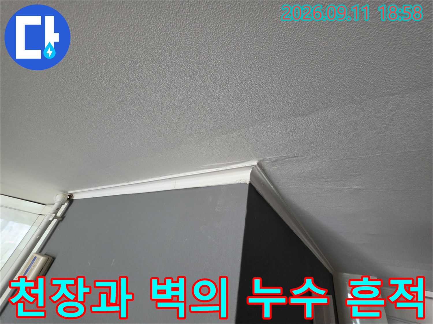 물샘 현상으로 인해 어둡게 변한 천장 가장자리