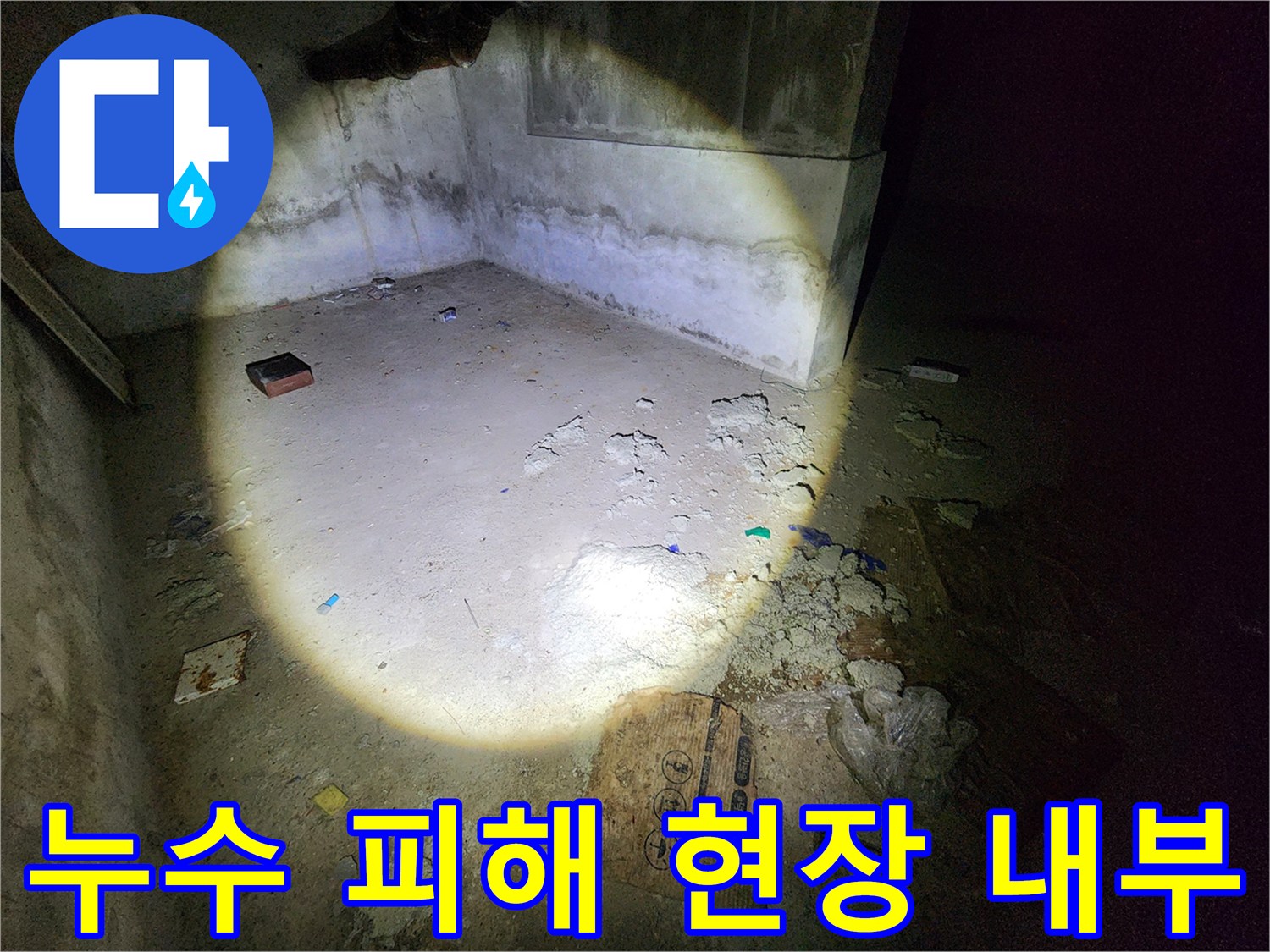 도화동 지하 창고의 물샘 흔적이 남은 벽면과 바닥 사진