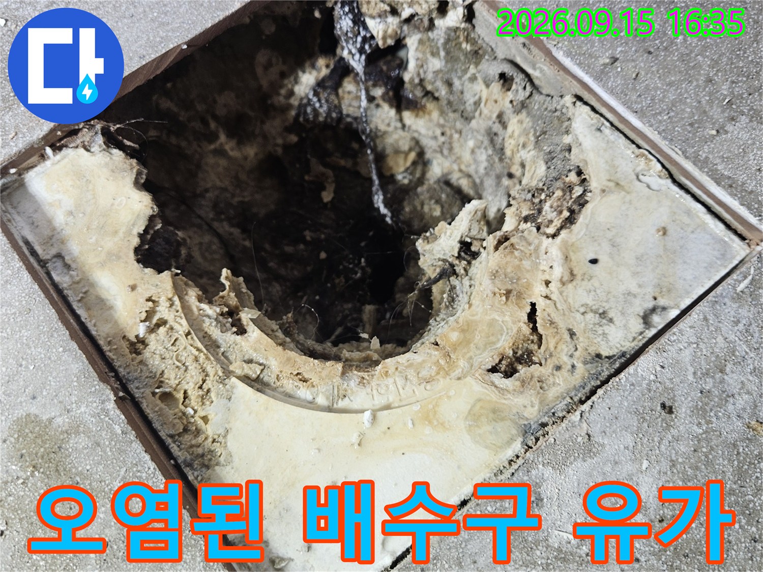 배수구 내부의 이물질과 틈새로 스며든 물에 의한 오염 상태-일산동구 현장