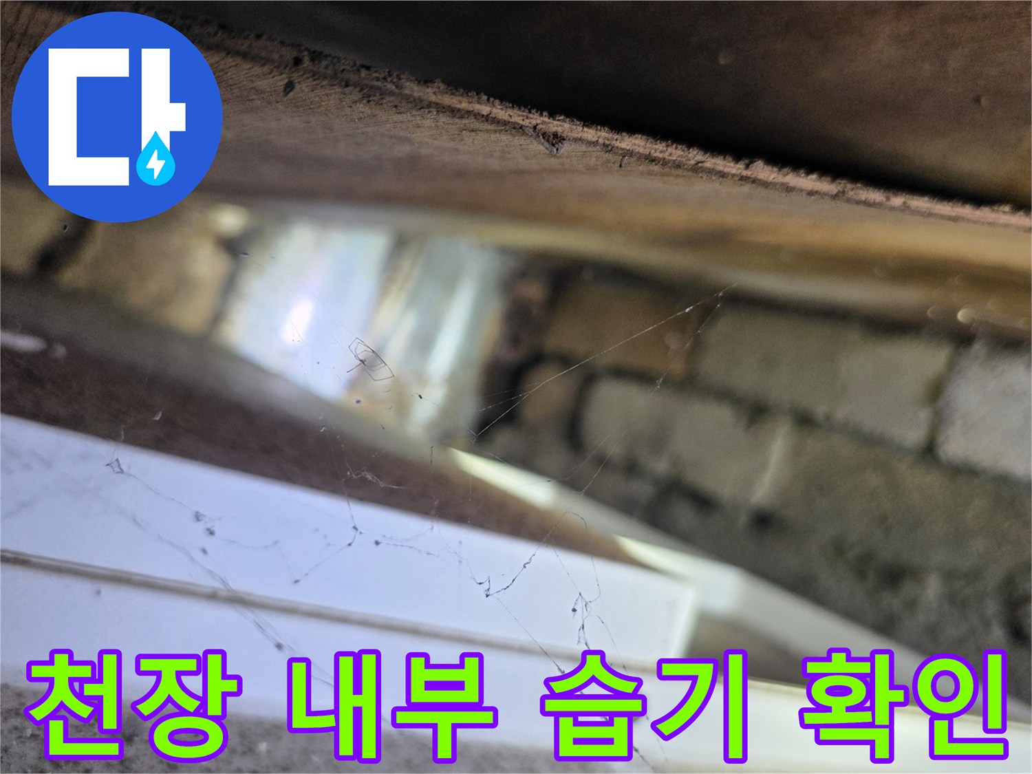 천장 텍스 안쪽-배관 주변의 습기 상태를 촬영한 사진입니다.