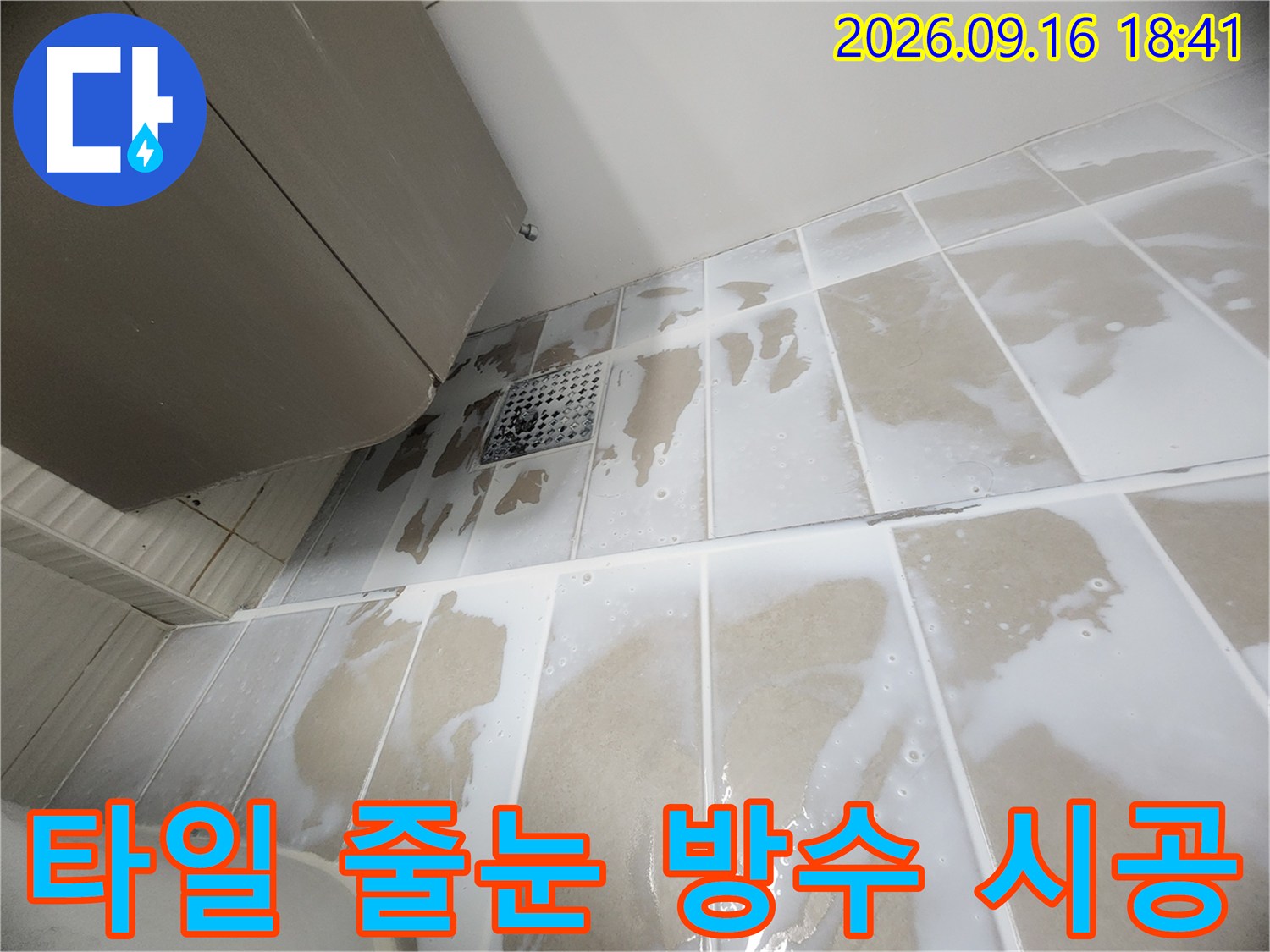 방수제가 도포된 욕실 타일 벽면의 근접 촬영 사진입니다.