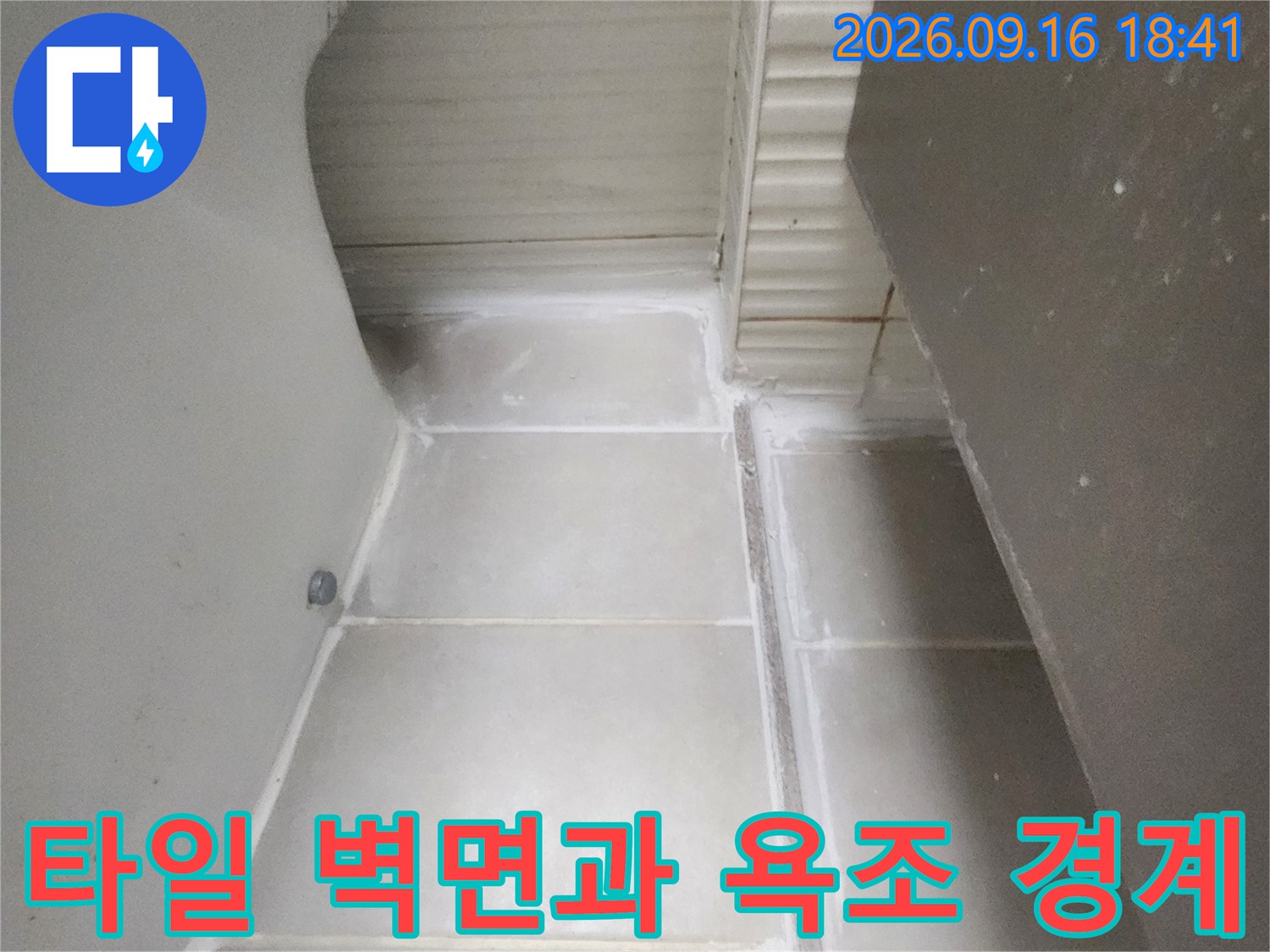 타일 사이 틈새와 욕조 상단부를 근접 촬영한 모습입니다.